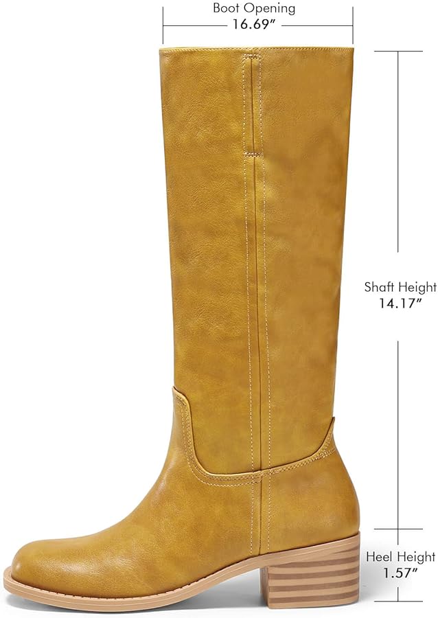 Coutgo Women's Knee High Boots Square Toe Chunky Low Heel Tall